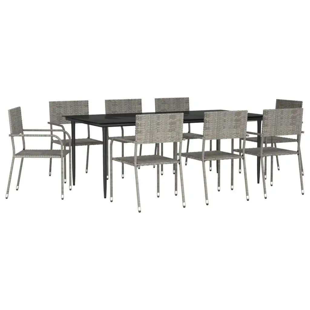 9 Piece Garden Dining Set Grey and Black Poly Rattan and Steel 3203295