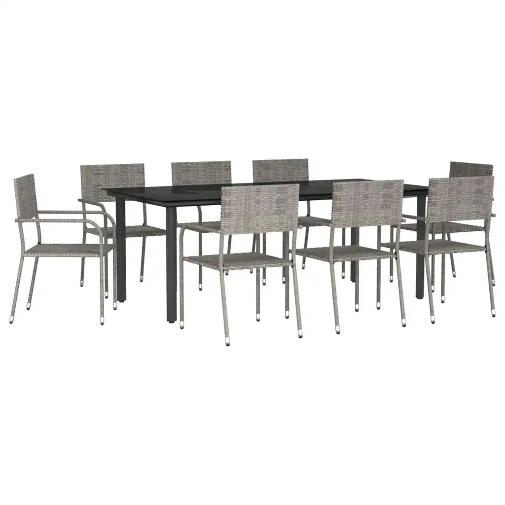 9 Piece Garden Dining Set Grey and Black Poly Rattan and Steel 3203303