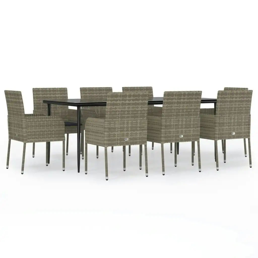 9 Piece Garden Dining Set with Cushions Black and Grey Poly Rattan 3185153