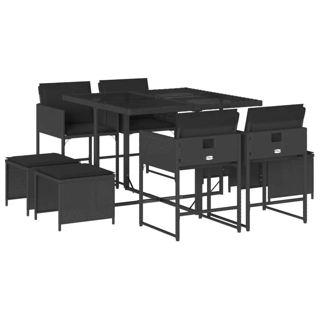 9 Piece Garden Dining Set with Cushions Black Poly Rattan 3211315