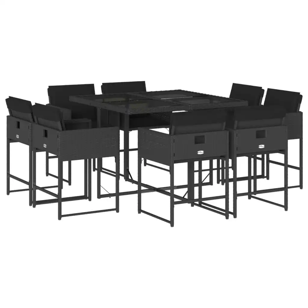 9 Piece Garden Dining Set with Cushions Black Poly Rattan 3211375