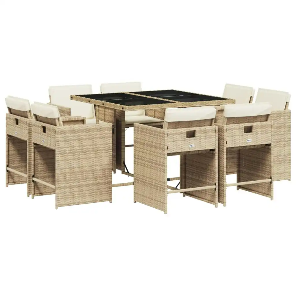 9 Piece Garden Dining Set with Cushions Beige Poly Rattan 3211198