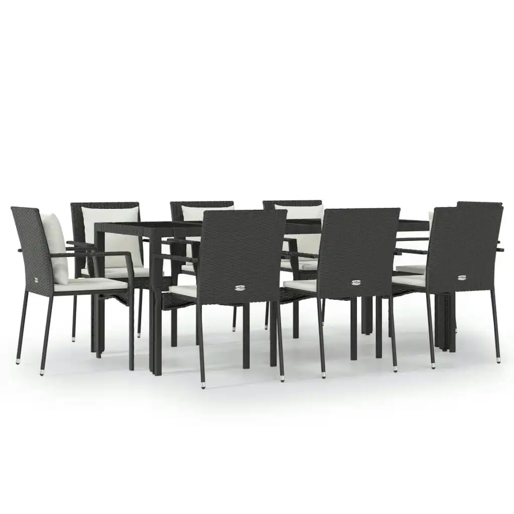 9 Piece Garden Dining Set with Cushions Black Poly Rattan 3157956