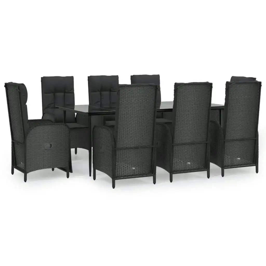 9 Piece Garden Dining Set with Cushions Black Poly Rattan 3185176