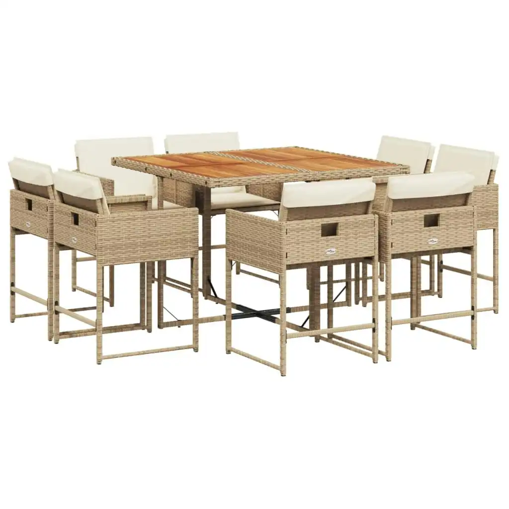 9 Piece Garden Dining Set with Cushions Beige Poly Rattan 3211384