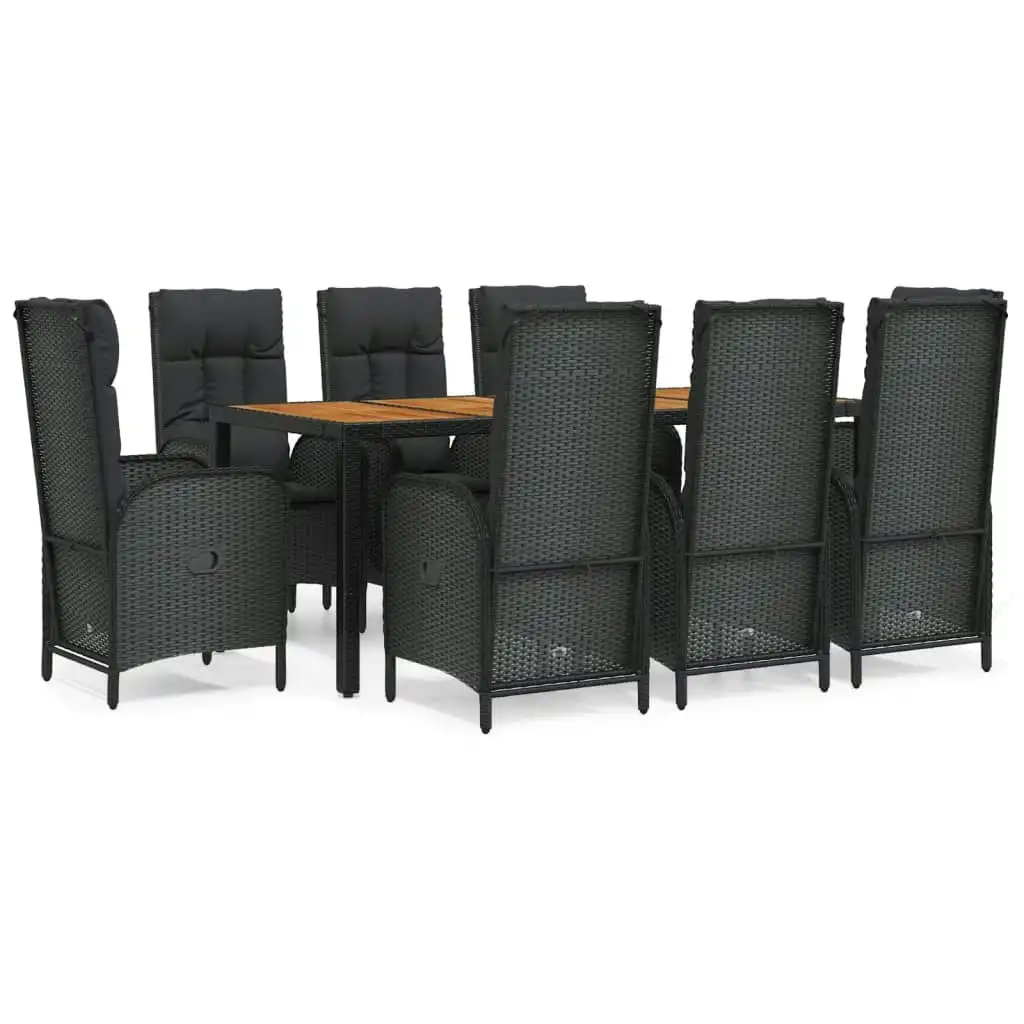 9 Piece Garden Dining Set with Cushions Black Poly Rattan 3185073