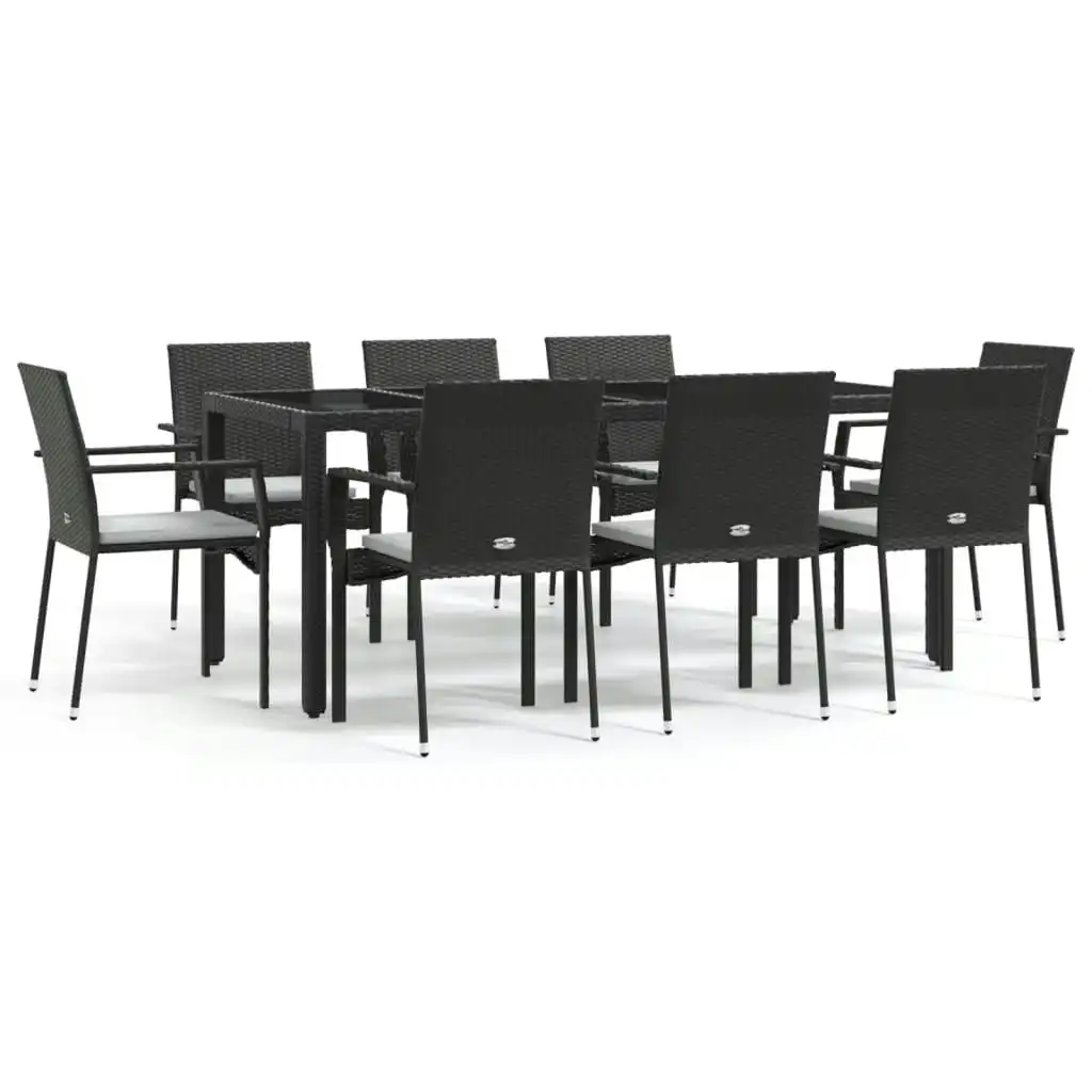 9 Piece Garden Dining Set with Cushions Black Poly Rattan 3184980