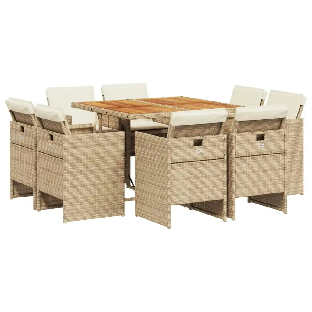 9 Piece Garden Dining Set with Cushions Beige Poly Rattan 3210664