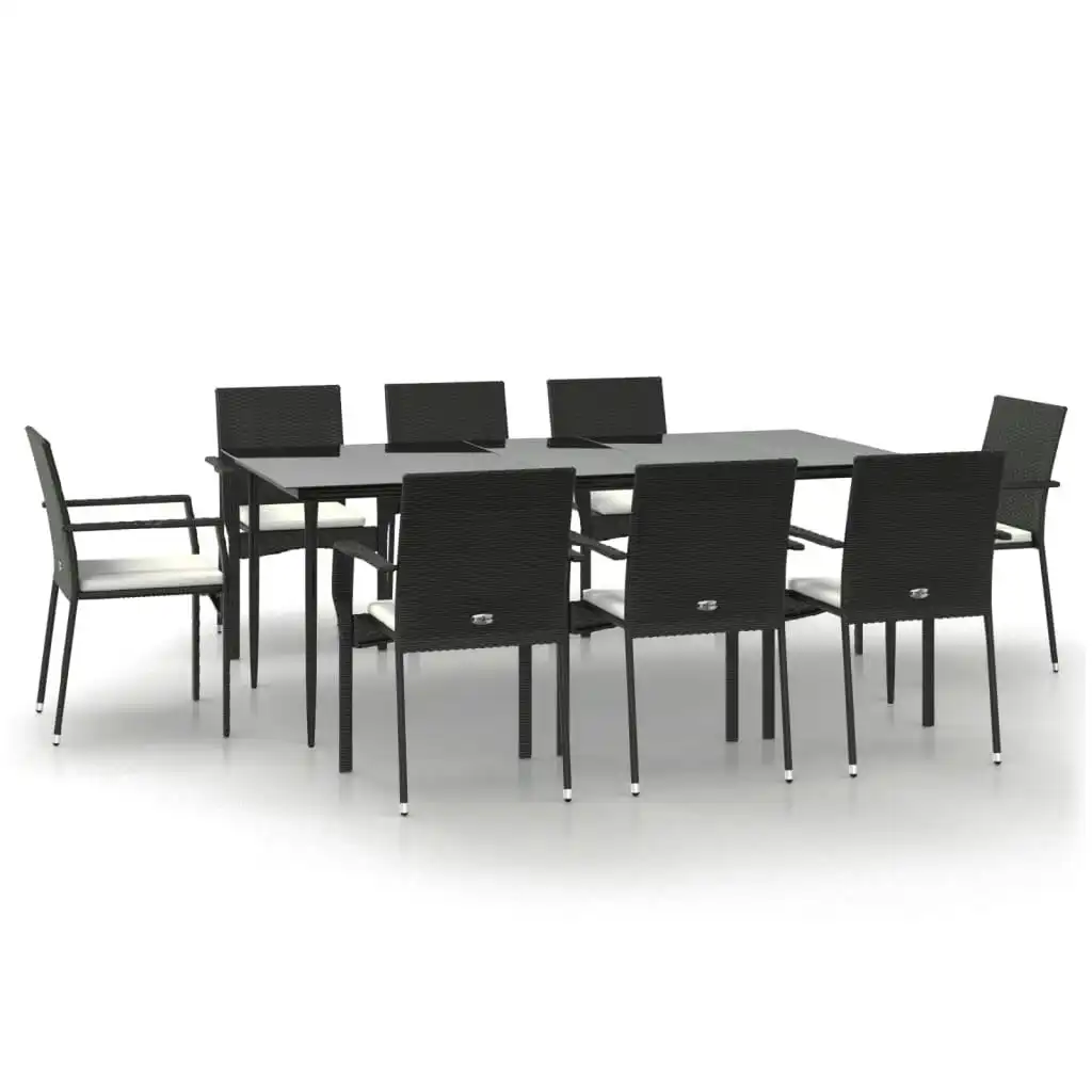 9 Piece Garden Dining Set with Cushions Black Poly Rattan 3185124