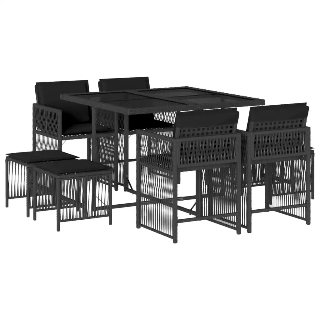 9 Piece Garden Dining Set with Cushions Black Poly Rattan 3211675