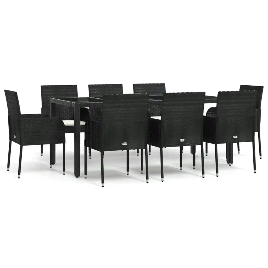 9 Piece Garden Dining Set with Cushions Black Poly Rattan 3185004