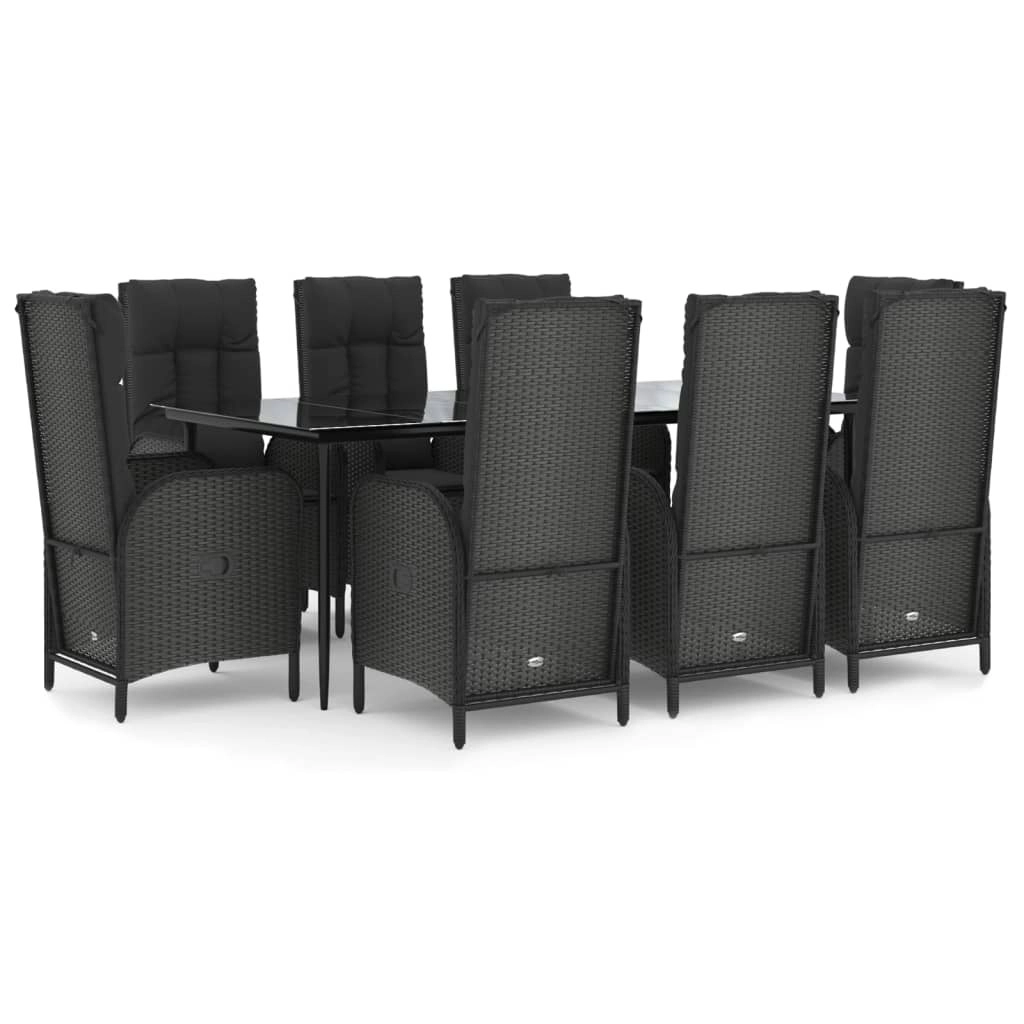 9 Piece Garden Dining Set with Cushions Black Poly Rattan 3185174