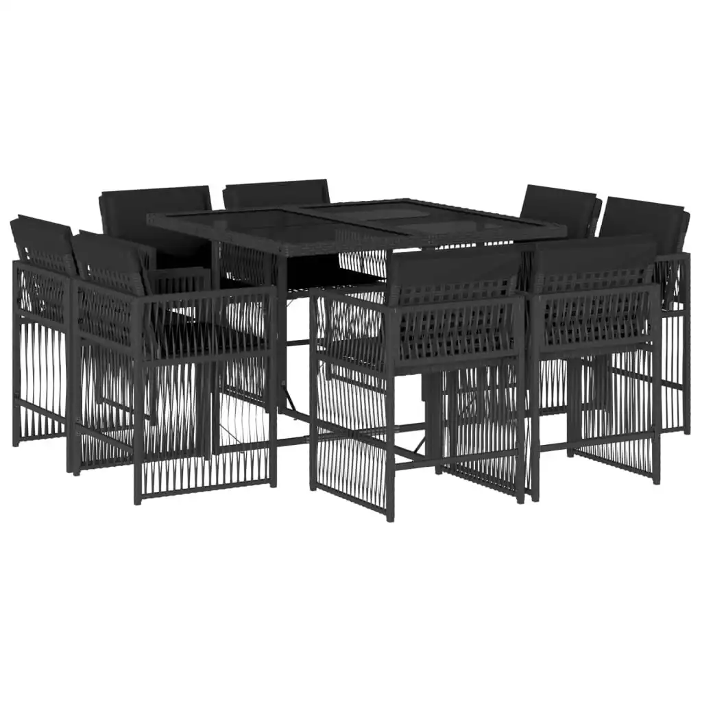 9 Piece Garden Dining Set with Cushions Black Poly Rattan 3211735