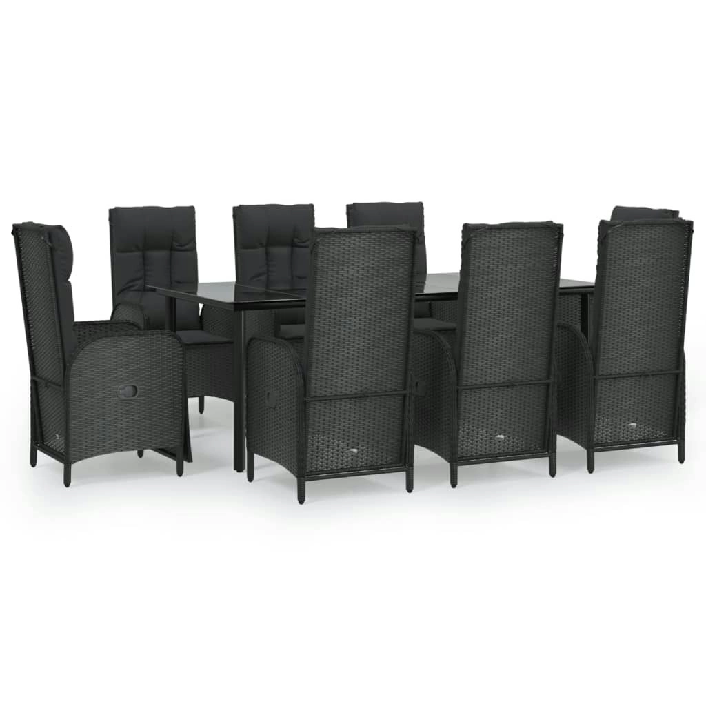 9 Piece Garden Dining Set with Cushions Black Poly Rattan 3185196