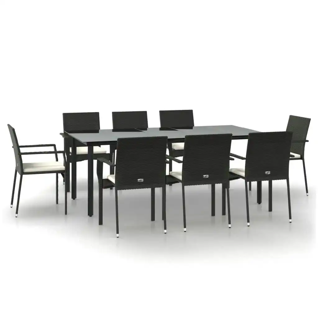 9 Piece Garden Dining Set with Cushions Black Poly Rattan 3185136