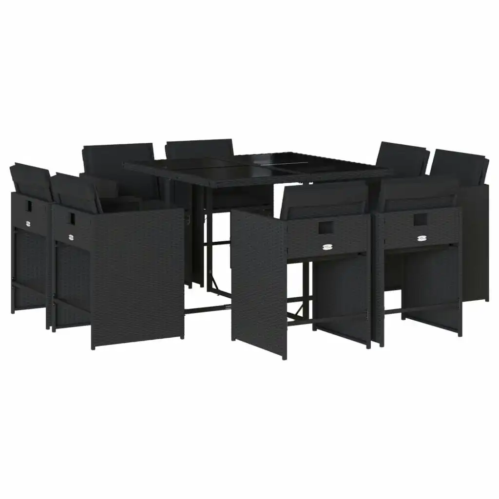 9 Piece Garden Dining Set with Cushions Black Poly Rattan 3211195