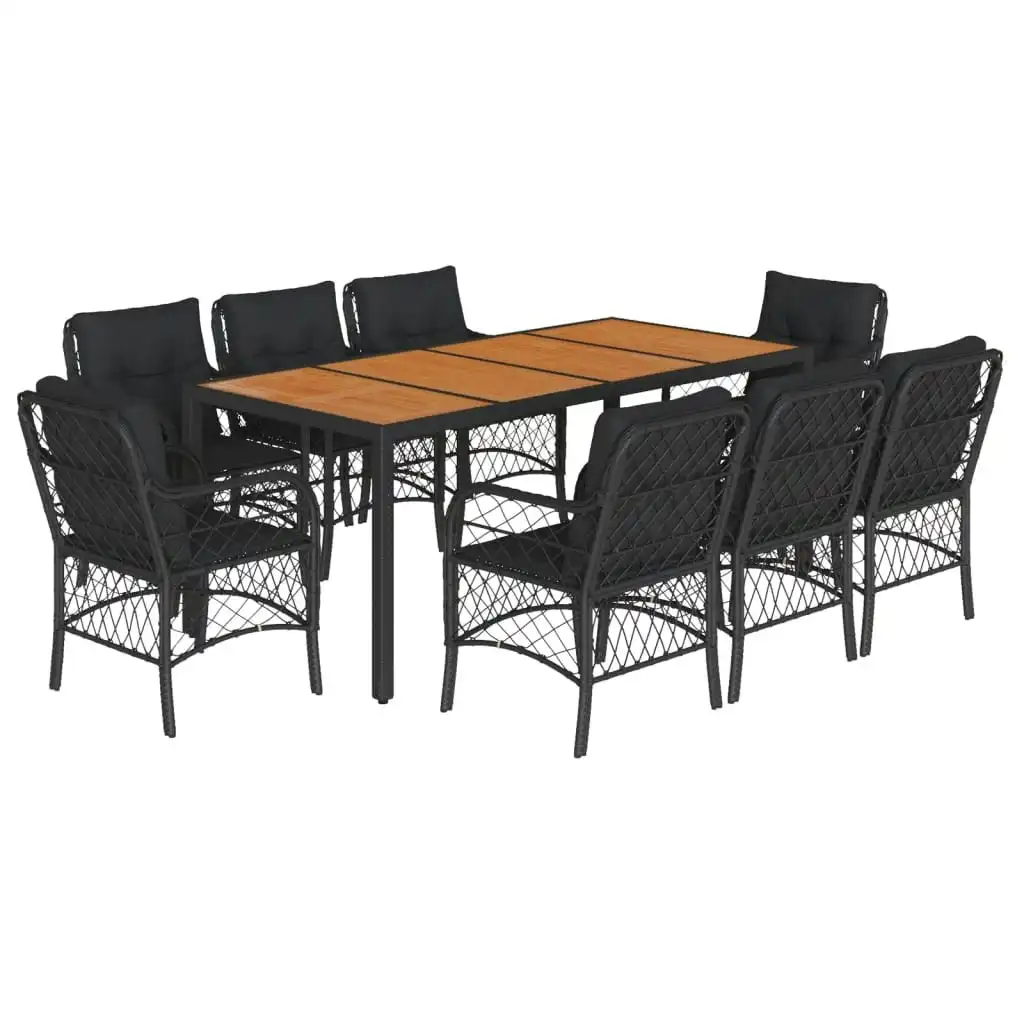 9 Piece Garden Dining Set with Cushions Black Poly Rattan 3212047