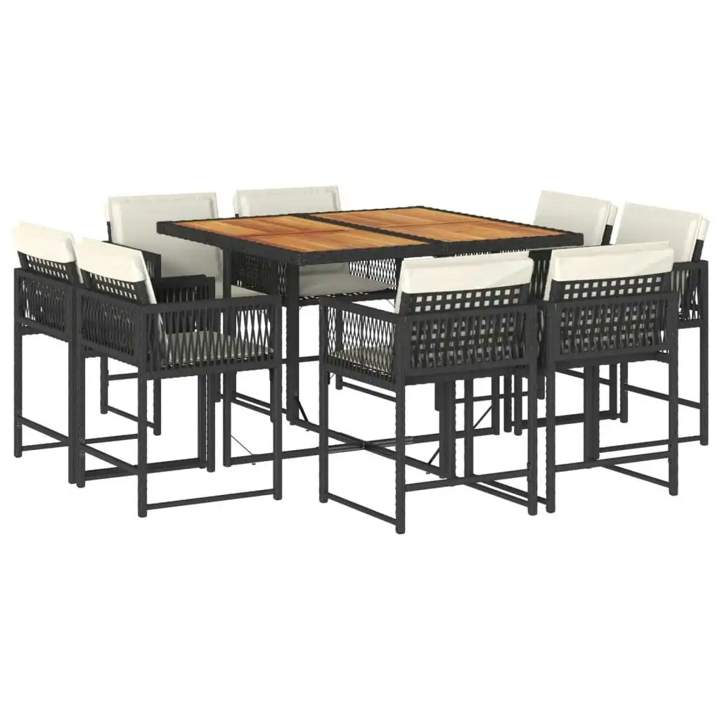 9 Piece Garden Dining Set with Cushions Black Poly Rattan 3211563