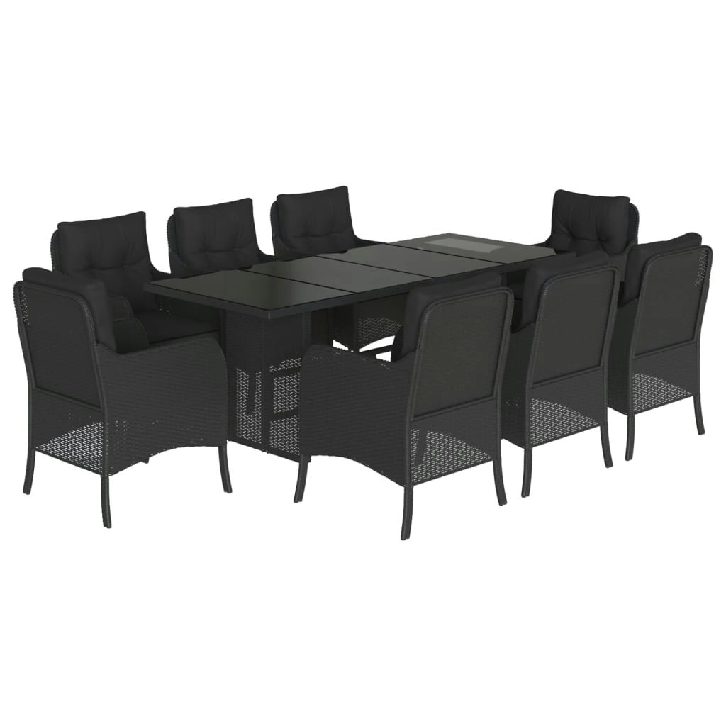 9 Piece Garden Dining Set with Cushions Black Poly Rattan 3211881