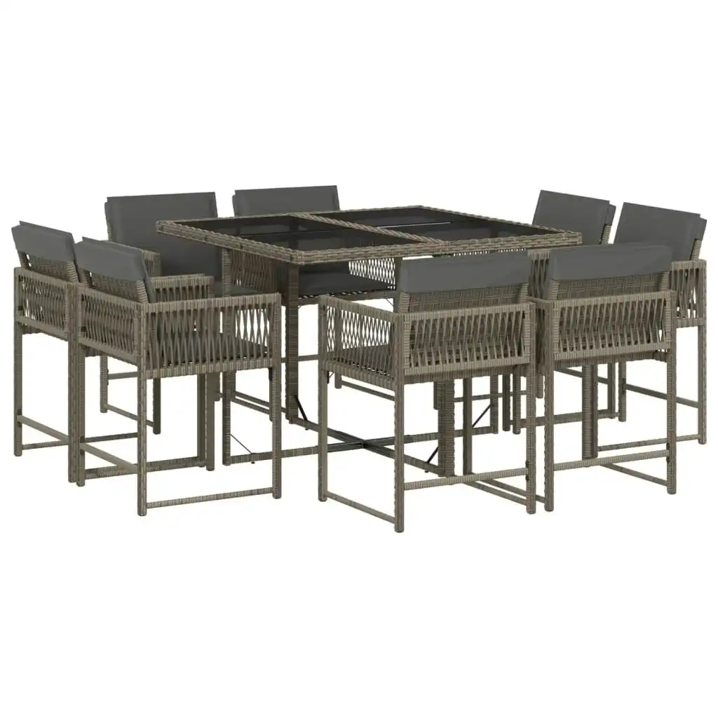 9 Piece Garden Dining Set with Cushions Grey Poly Rattan 3211556