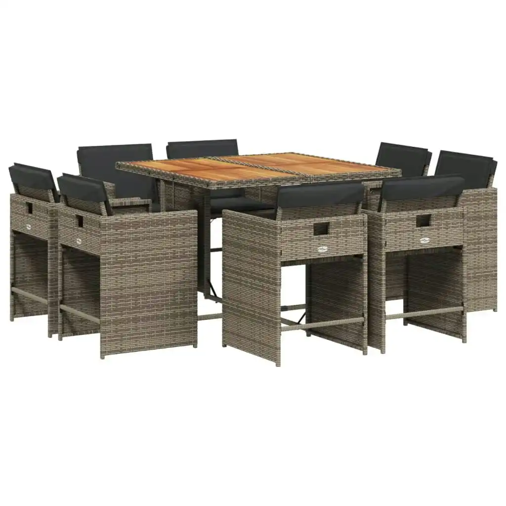 9 Piece Garden Dining Set with Cushions Grey Poly Rattan 3211202