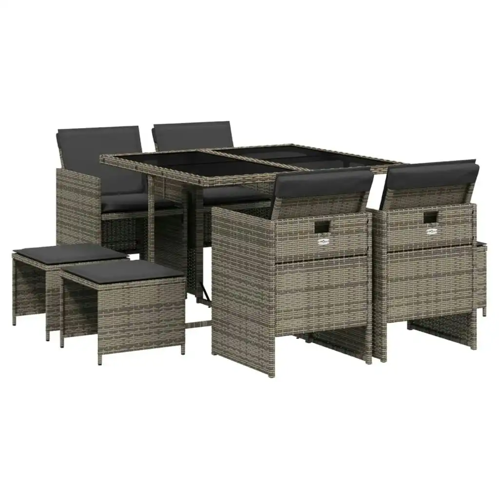 9 Piece Garden Dining Set with Cushions Grey Poly Rattan 3210596