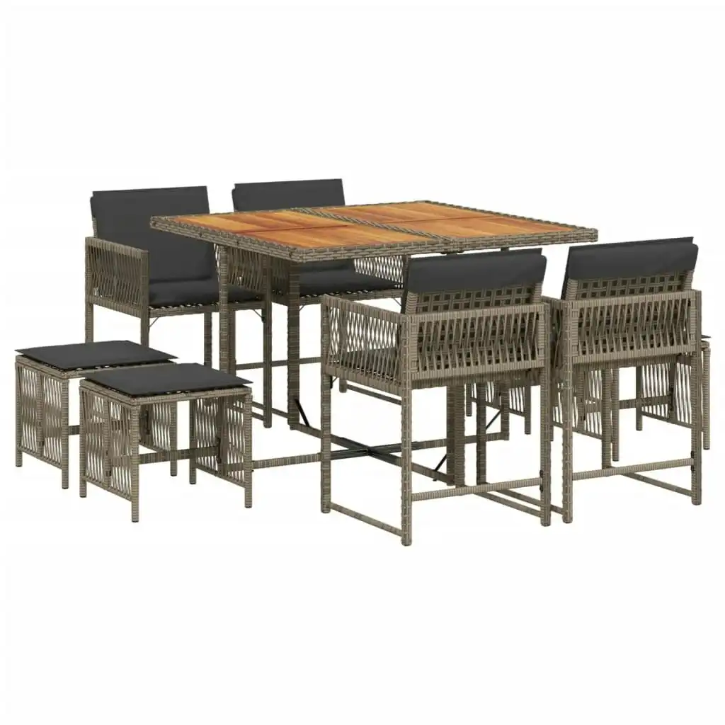 9 Piece Garden Dining Set with Cushions Grey Poly Rattan 3211502