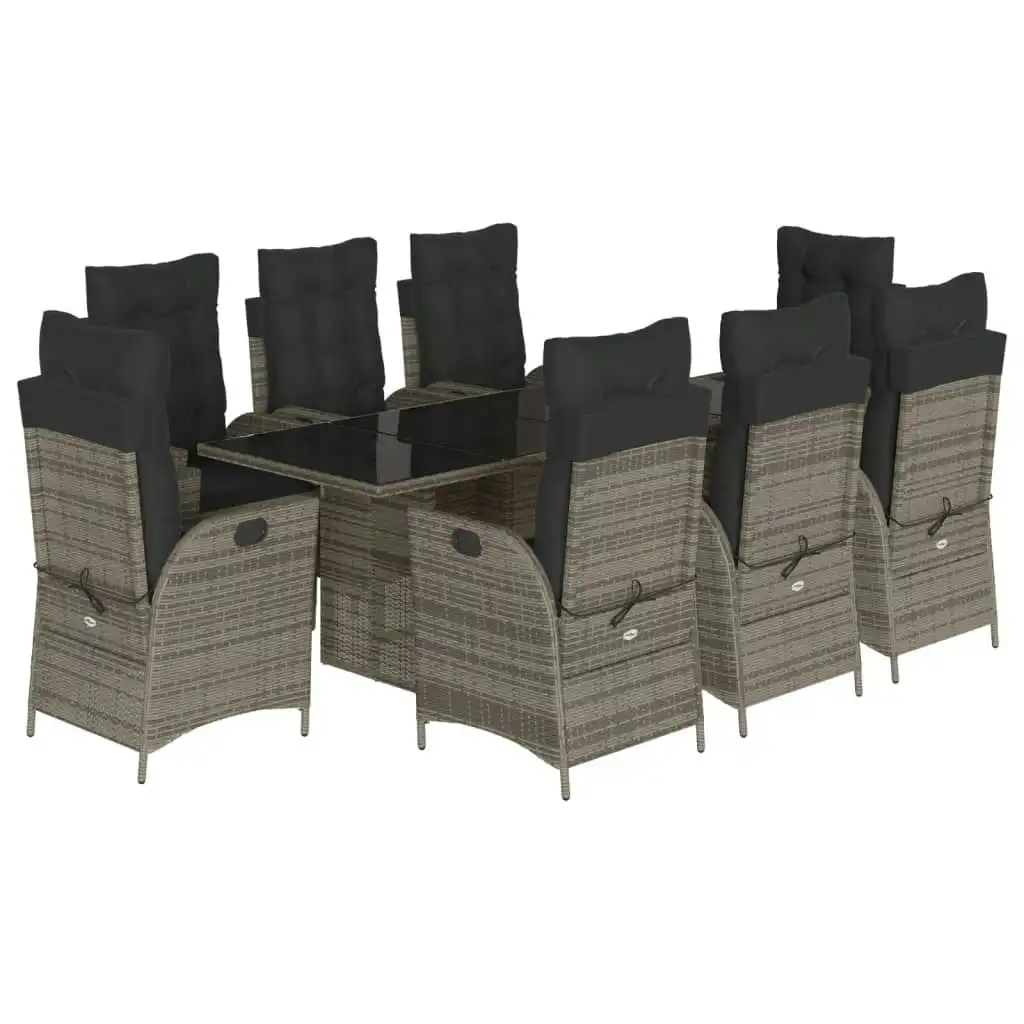 9 Piece Garden Dining Set with Cushions Grey Poly Rattan 3213123