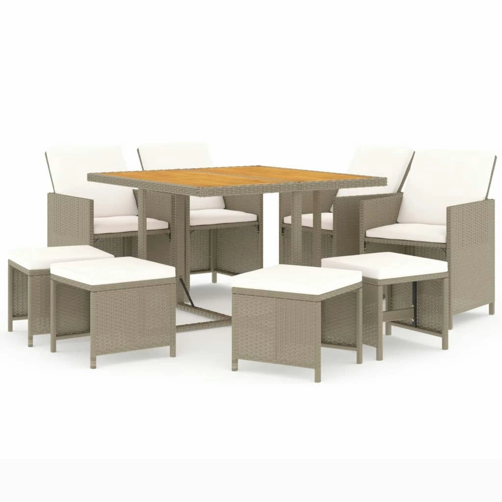 9 Piece Garden Dining Set with Cushions Poly Rattan Beige 3095529