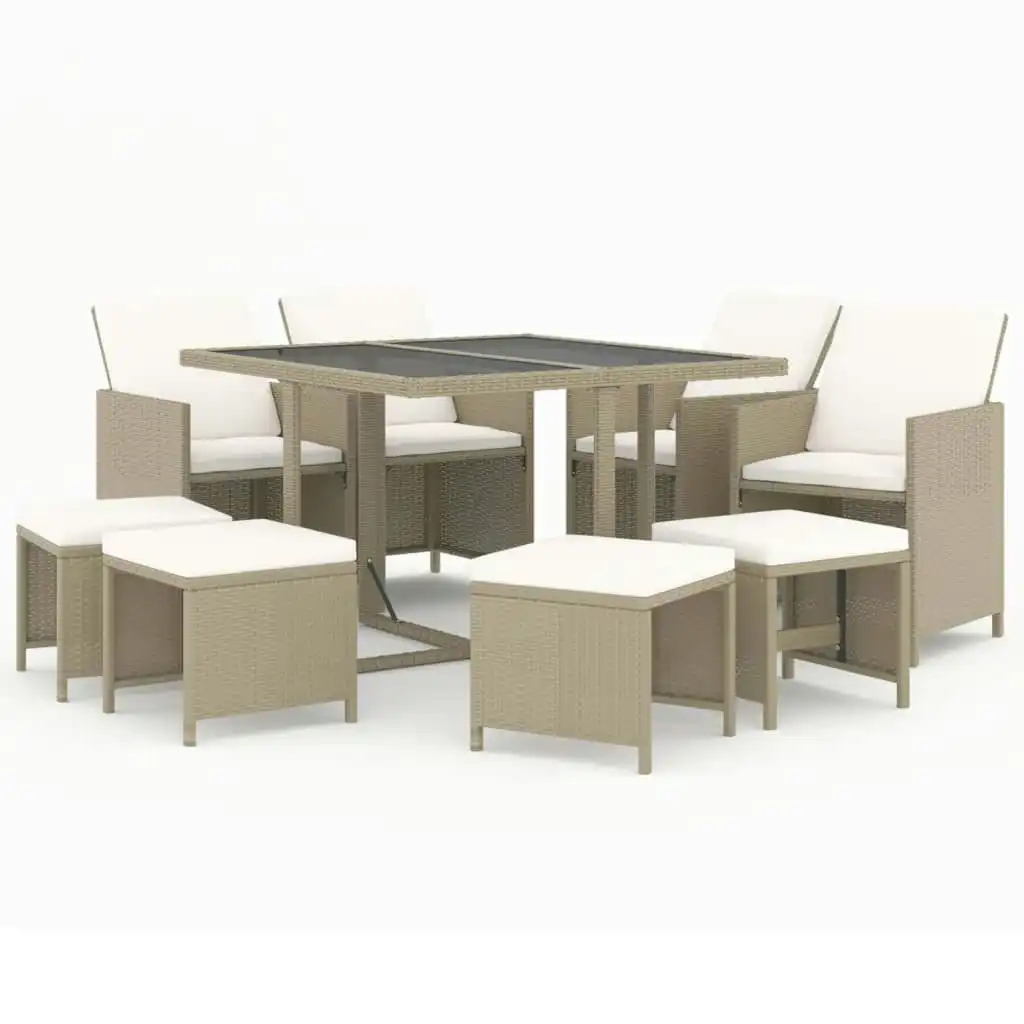 9 Piece Garden Dining Set with Cushions Poly Rattan Beige 3095517