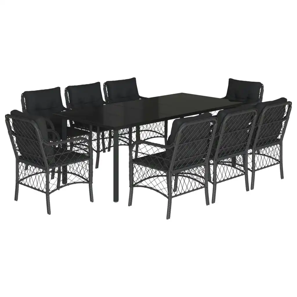 9 Piece Garden Dining Set with Cushions Black Poly Rattan 3212109