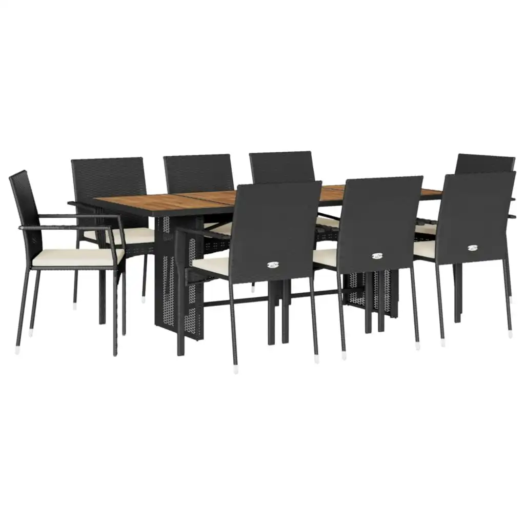 9 Piece Garden Dining Set with Cushions Black Poly Rattan 3213503