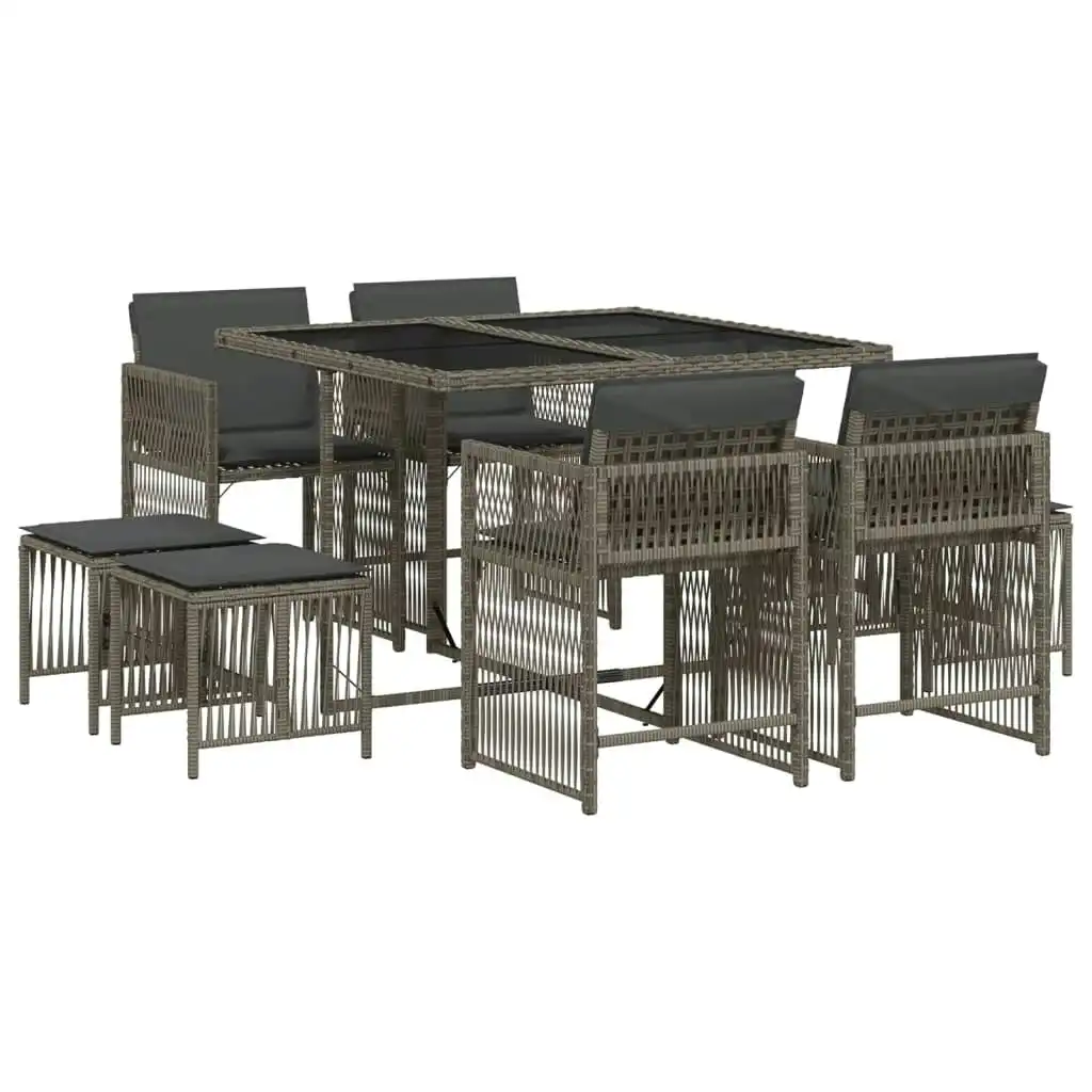 9 Piece Garden Dining Set with Cushions Grey Poly Rattan 3211676