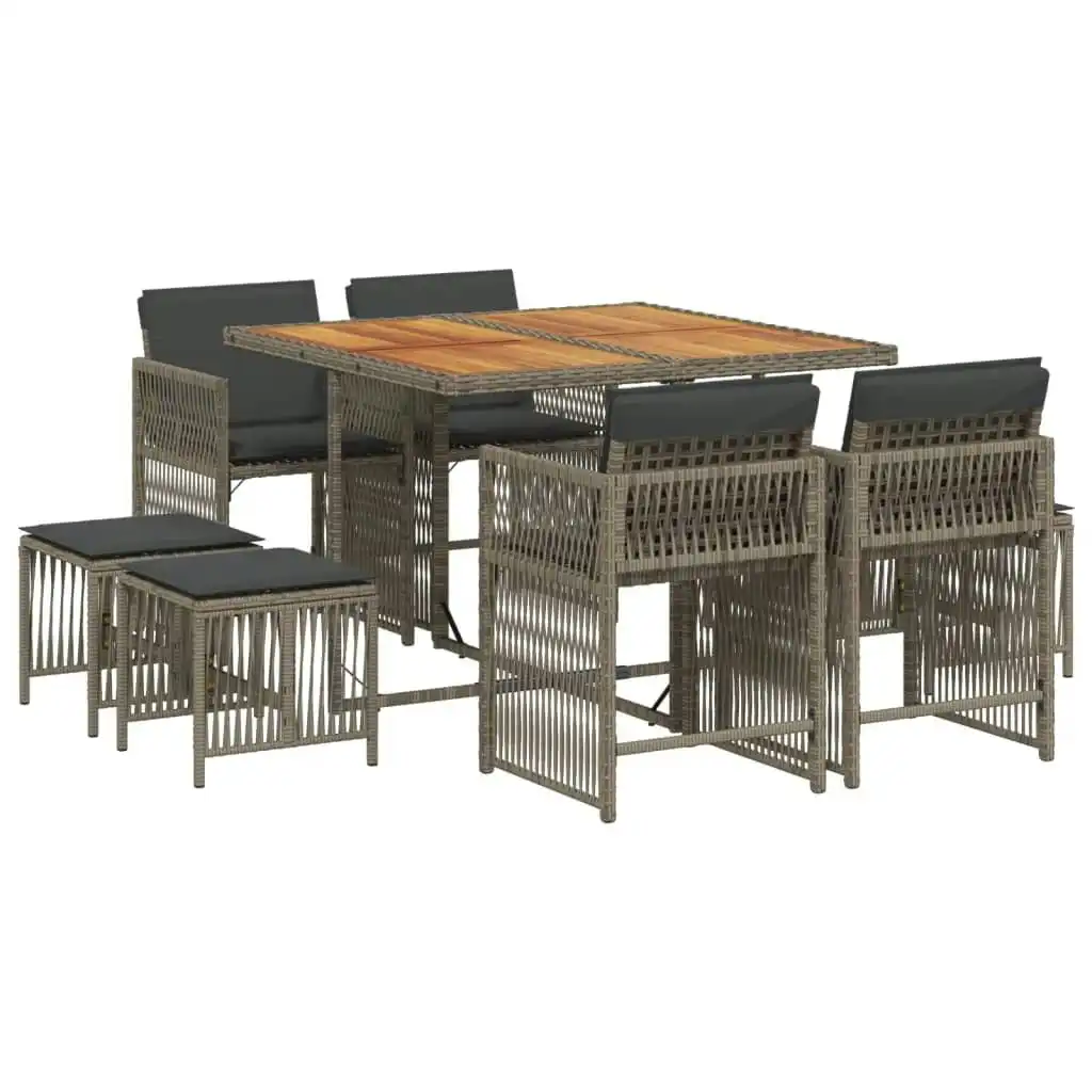 9 Piece Garden Dining Set with Cushions Grey Poly Rattan 3211682