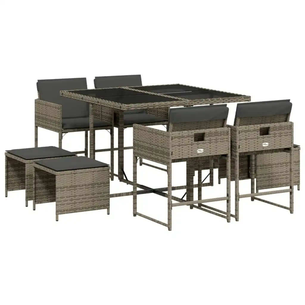 9 Piece Garden Dining Set with Cushions Grey Poly Rattan 3211316