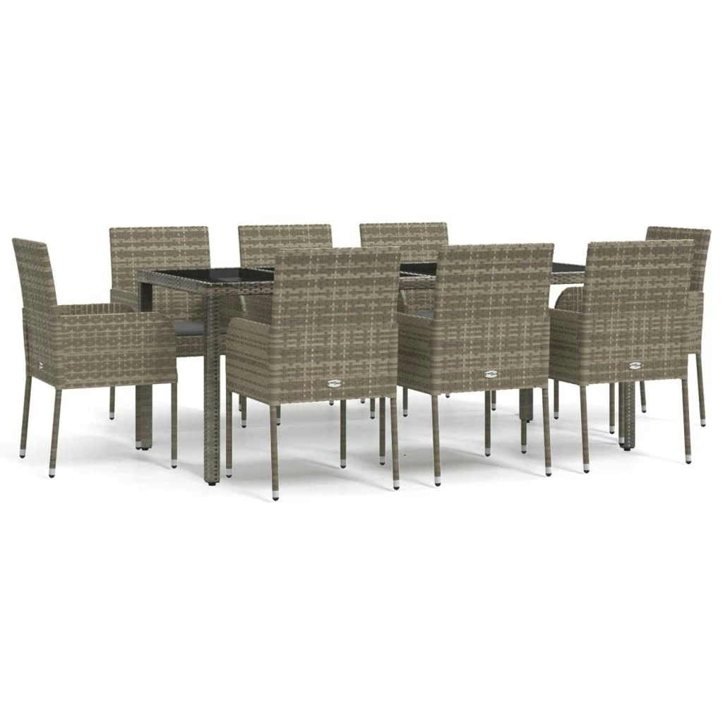 9 Piece Garden Dining Set with Cushions Grey Poly Rattan 3185010