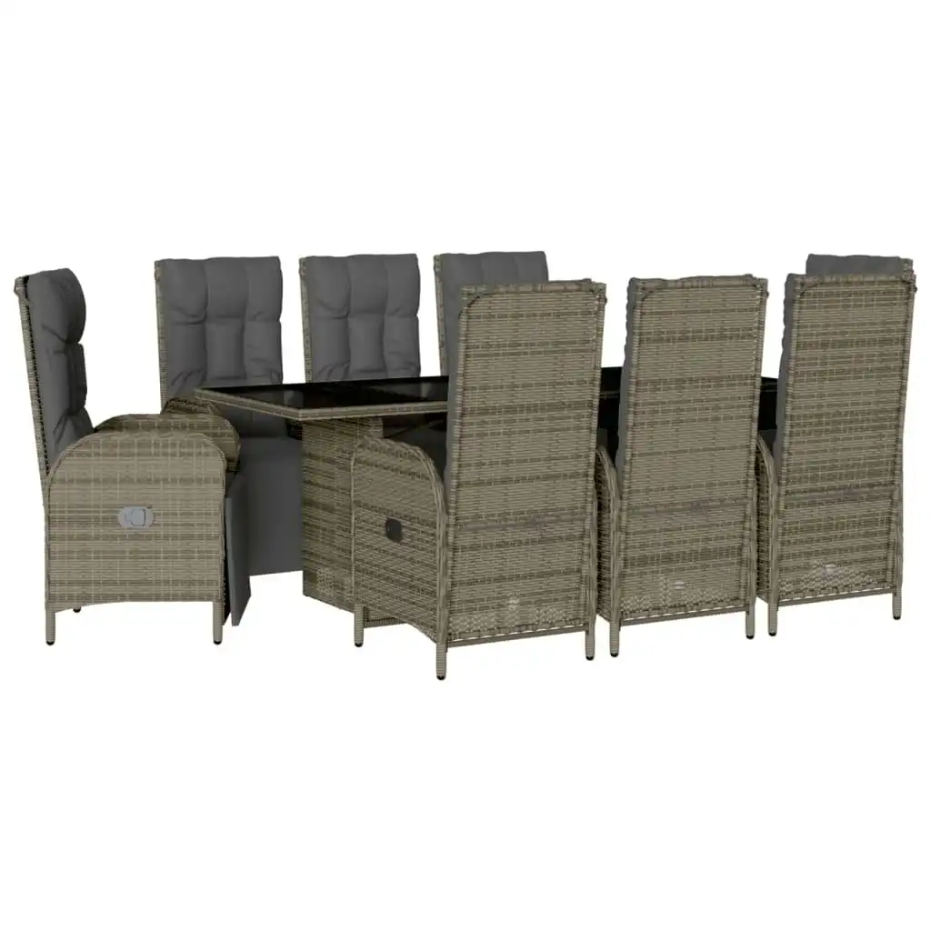 9 Piece Garden Dining Set with Cushions Grey Poly Rattan 3213533