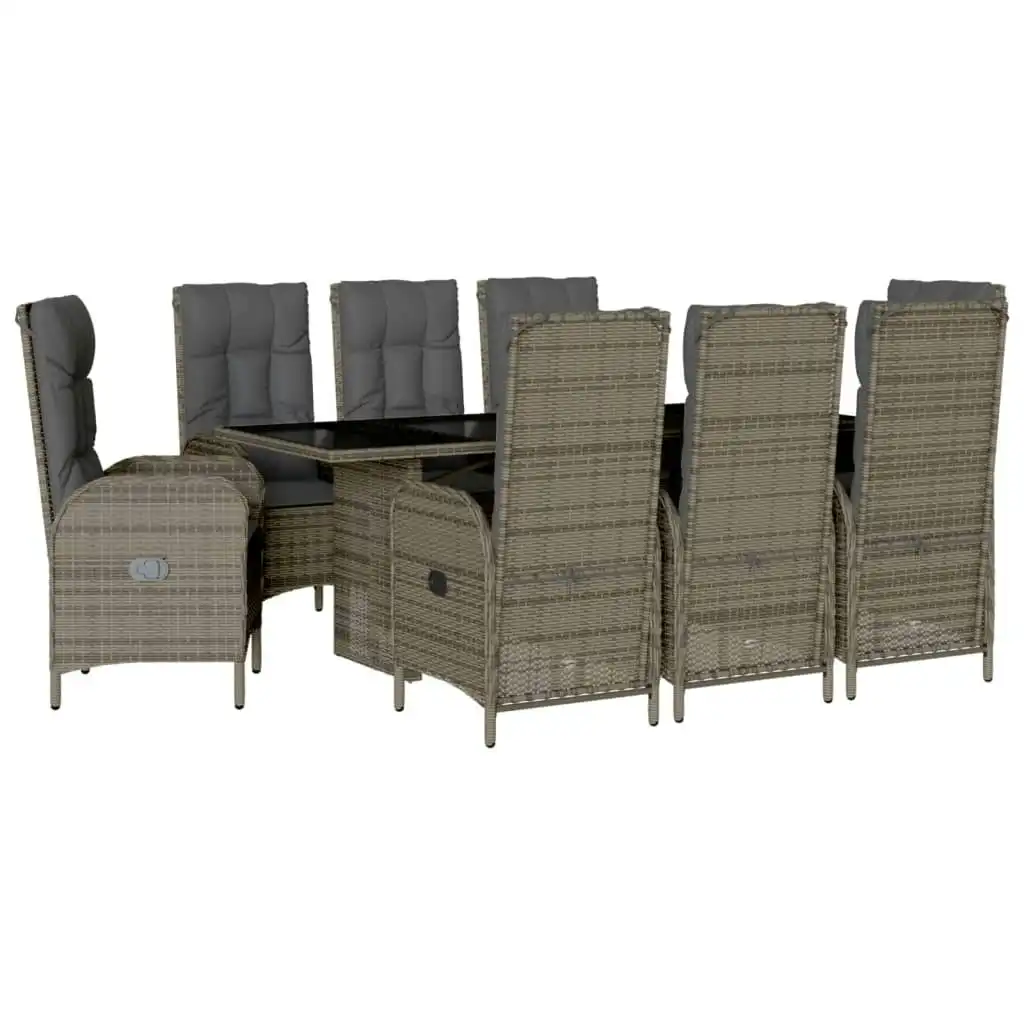 9 Piece Garden Dining Set with Cushions Grey Poly Rattan 3213528