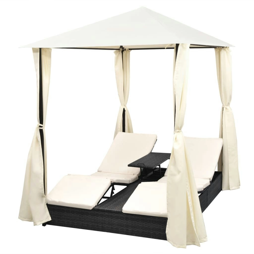 Double Sun Lounger with Curtains Poly Rattan Black 42891