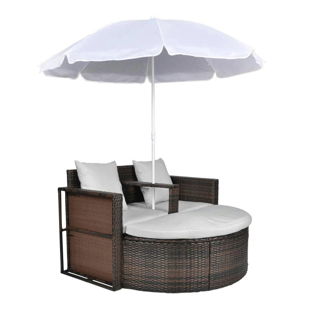 Garden Bed with Parasol Brown Poly Rattan 40734