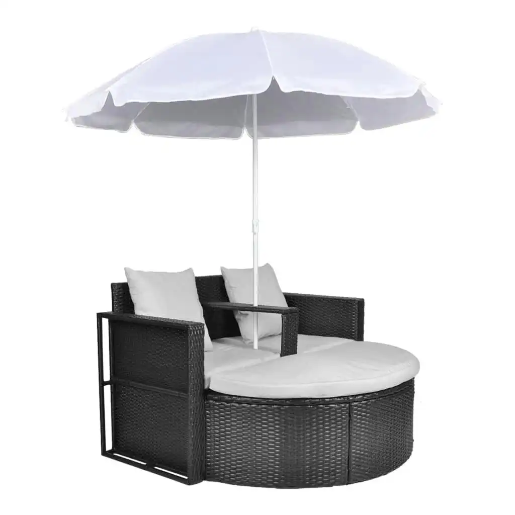 Garden Bed with Parasol Black Poly Rattan 40735