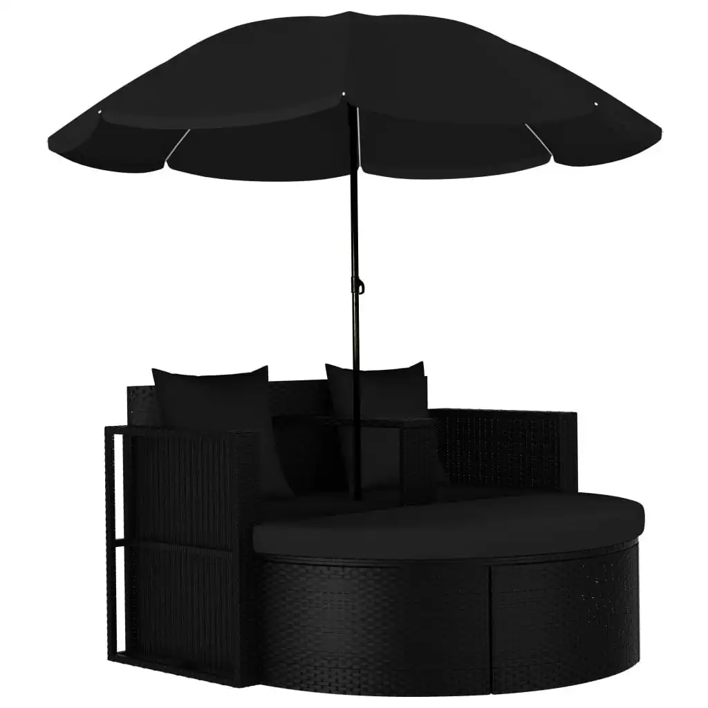 Garden Bed with Parasol Poly Rattan Black 47398