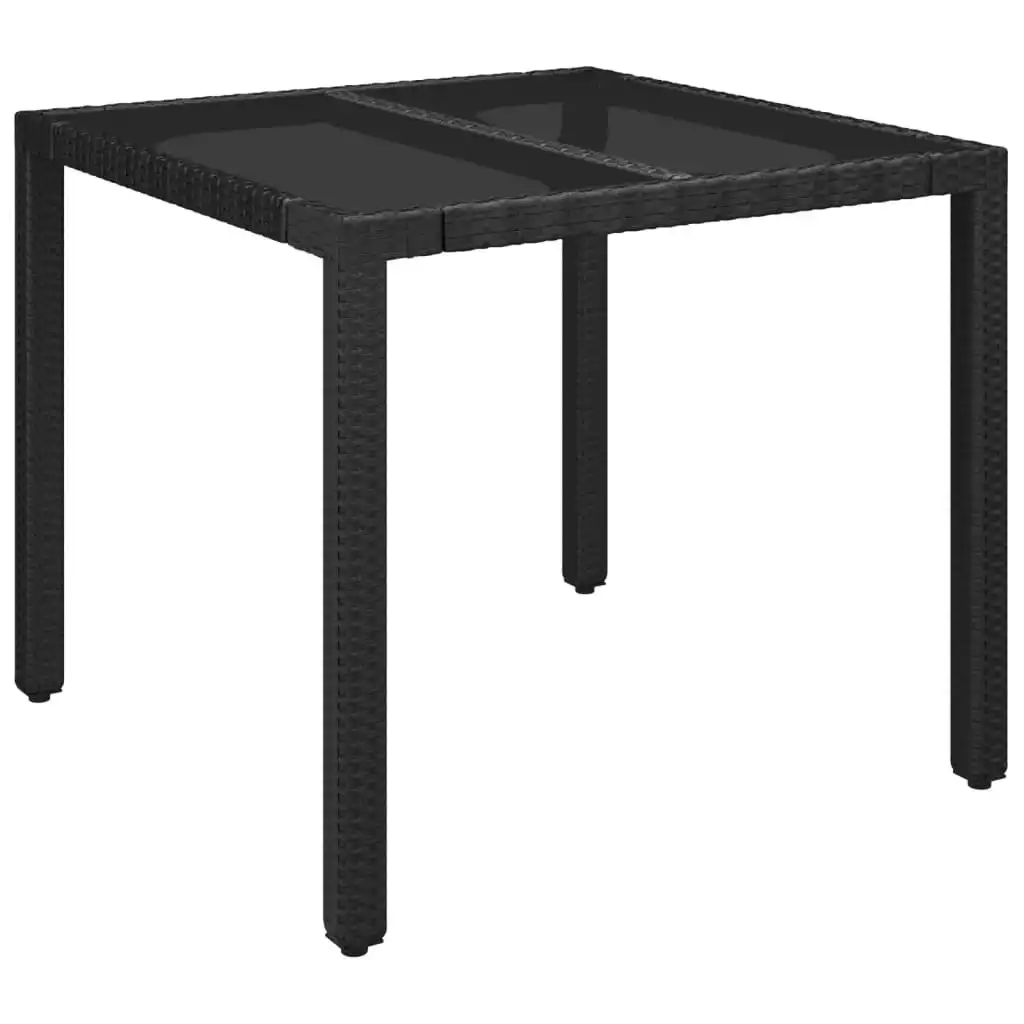 Garden Table with Glass Top Black 90x90x75 cm Poly Rattan 319895