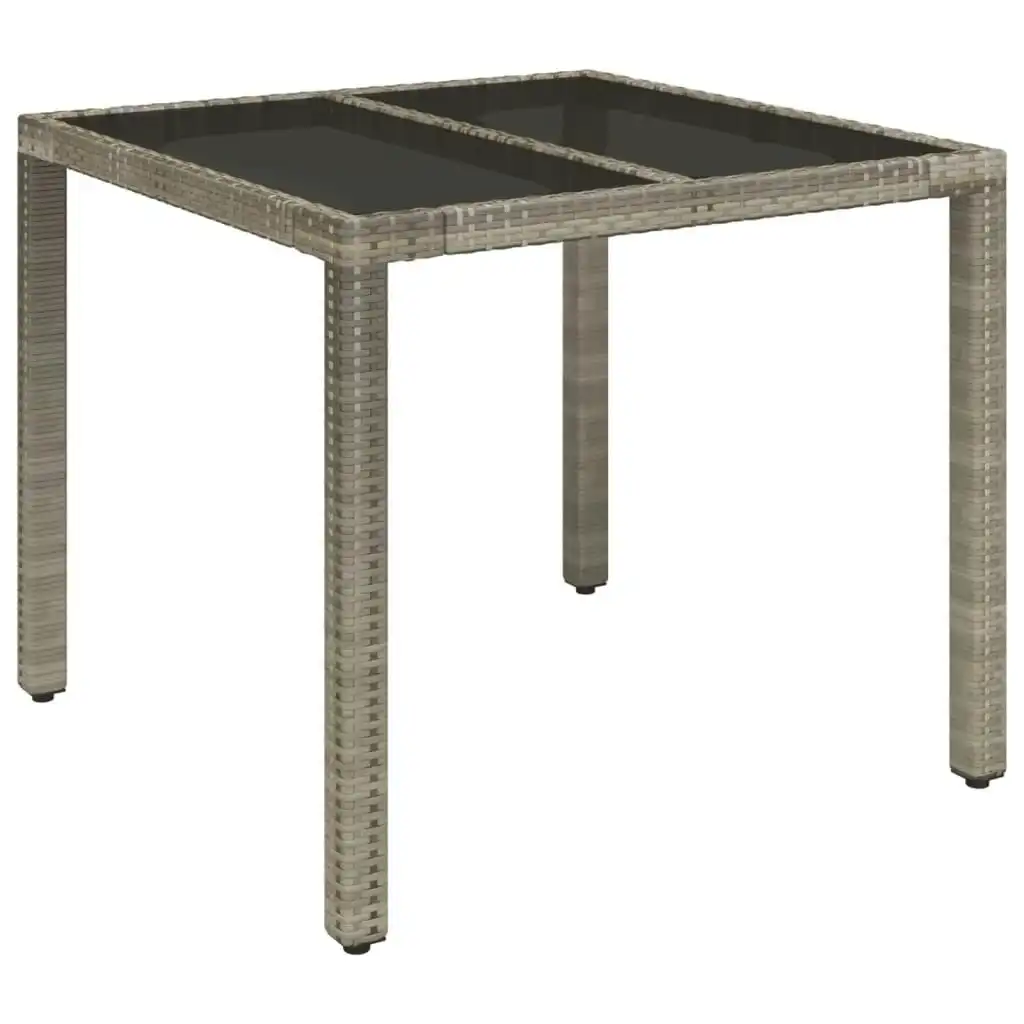 Garden Table with Glass Top Grey 90x90x75 cm Poly Rattan 319896