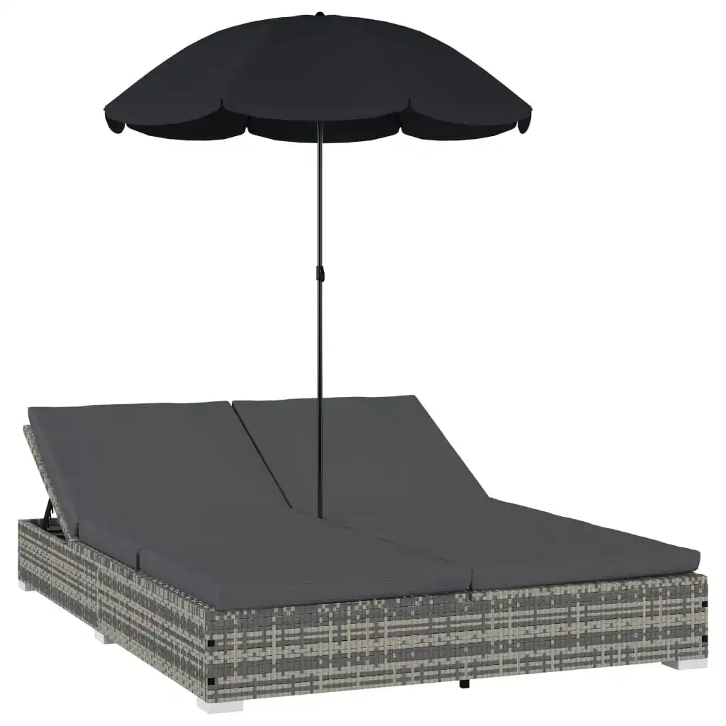 Outdoor Lounge Bed with Umbrella Poly Rattan Grey 48125