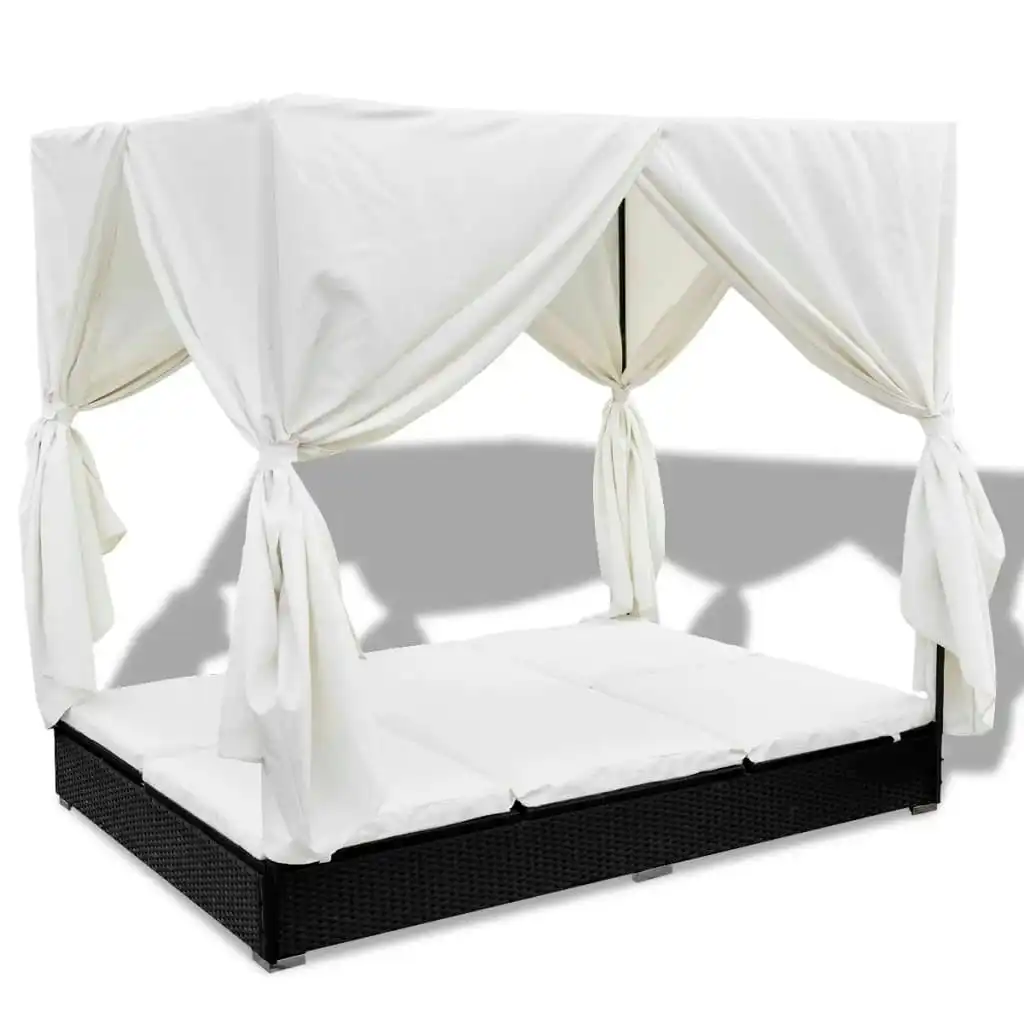 Outdoor Lounge Bed with Curtains Poly Rattan Black 42948