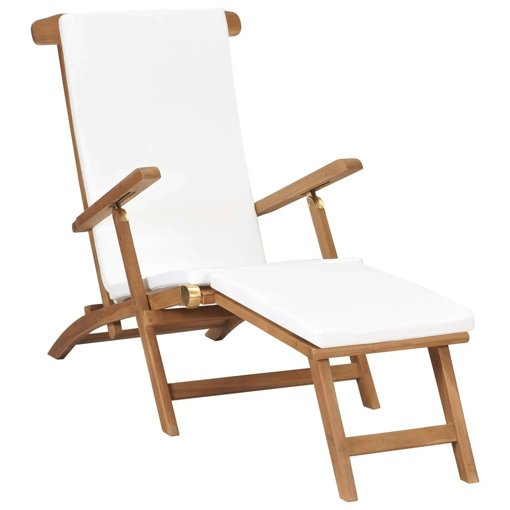 Deck Chair with Cushion Cream White Solid Teak Wood 47408