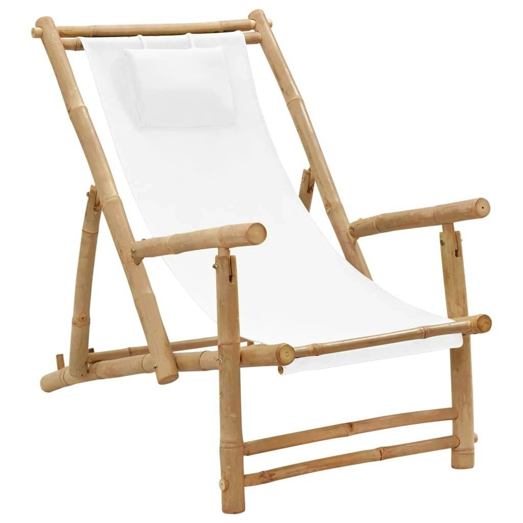 Deck Chair Bamboo and Canvas Cream White 318594