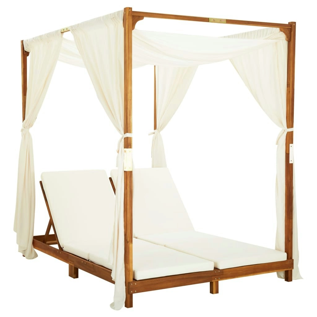 Double Sun Lounger with Curtains & Cushions Solid Acacia Wood 310318