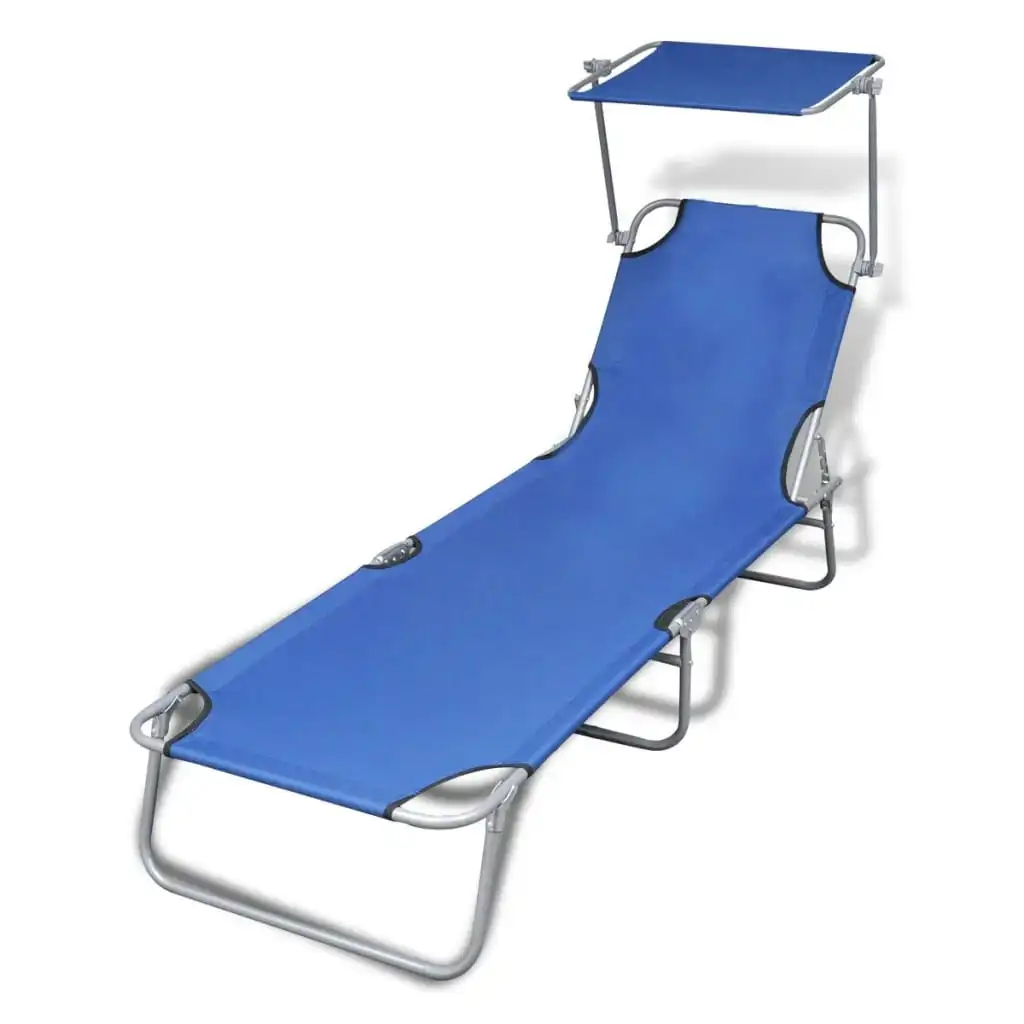 Folding Sun Lounger with Canopy Steel and Fabric Blue 41196